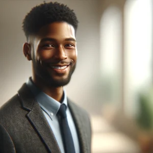 DALL·E 2024-05-10 14.58.08 - A photorealistic profile picture of an African American male speaker, dressed in a professional blazer over a collared shirt. He is smiling warmly wit