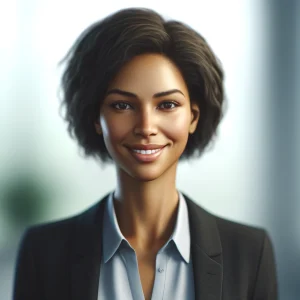 DALL·E 2024-05-10 14.59.00 - A photorealistic profile picture of an African American female speaker, dressed in a smart blouse and blazer. She is smiling warmly with a confident a